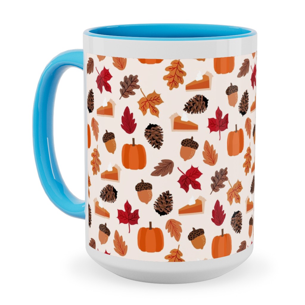 Autumn Leaves and Pumpkin Pie - Multi Ceramic Mug, Light Blue,  , 15oz, Multicolor