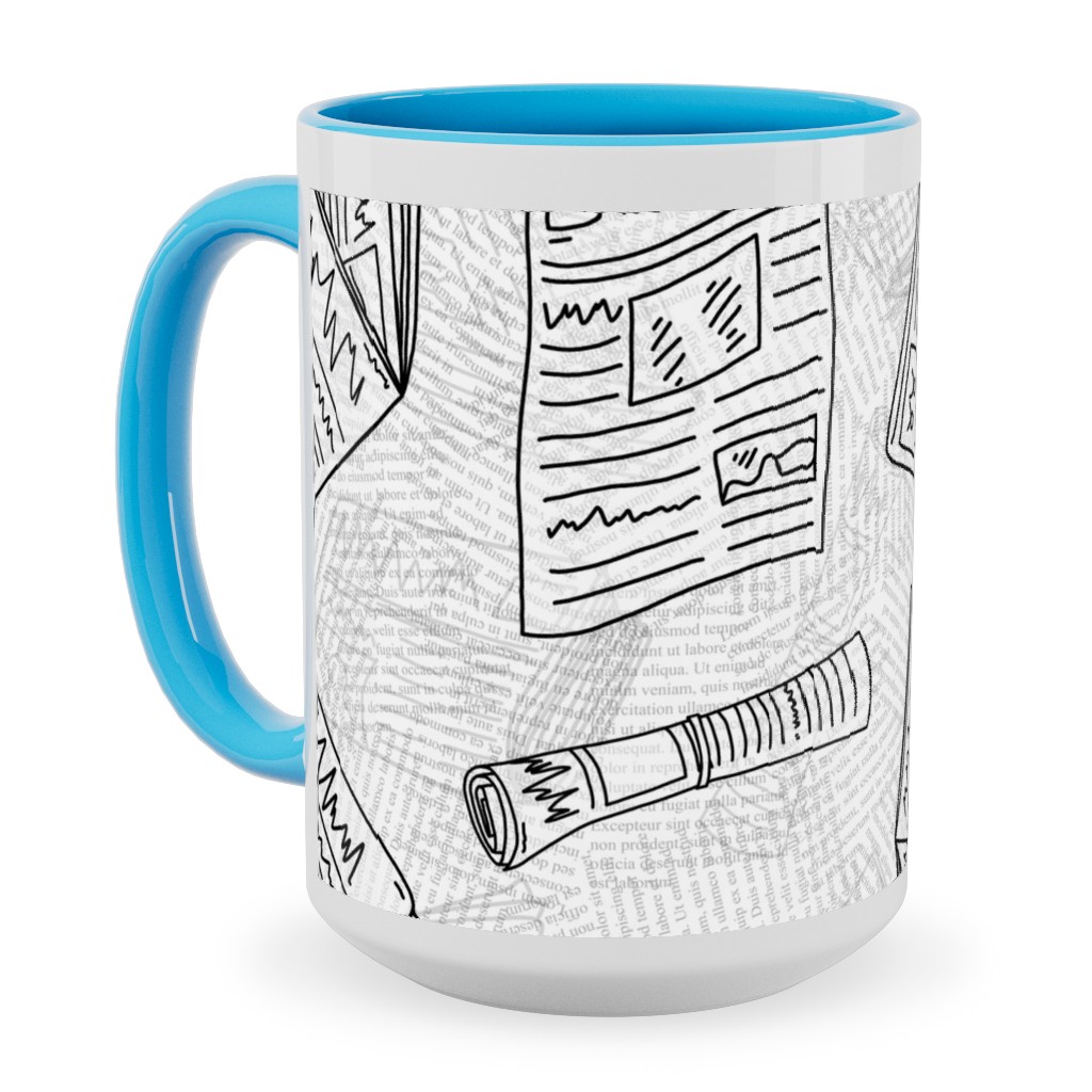 Newsprint Ceramic Mug, Light Blue, , 15oz, White, Fog