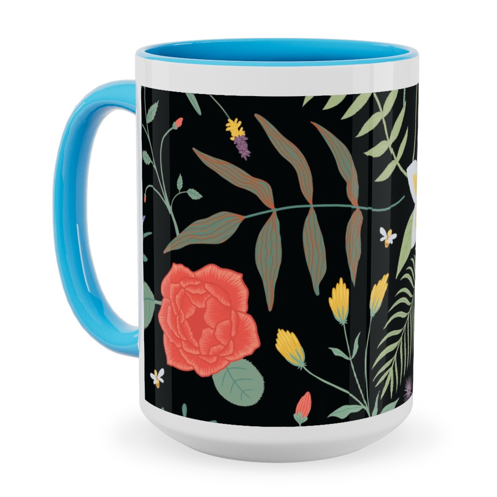 Hawaii Floral - Black Ceramic Mug, Light Blue,  , 15oz, Multicolor