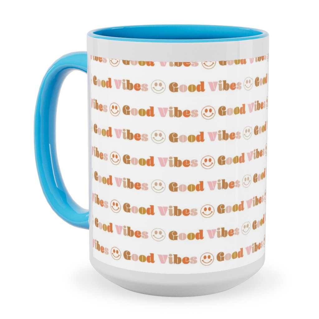 Good Vibes - Retro 70s Smiley Face - Earthy Ceramic Mug, Light Blue, , 15oz, Orange, Orange