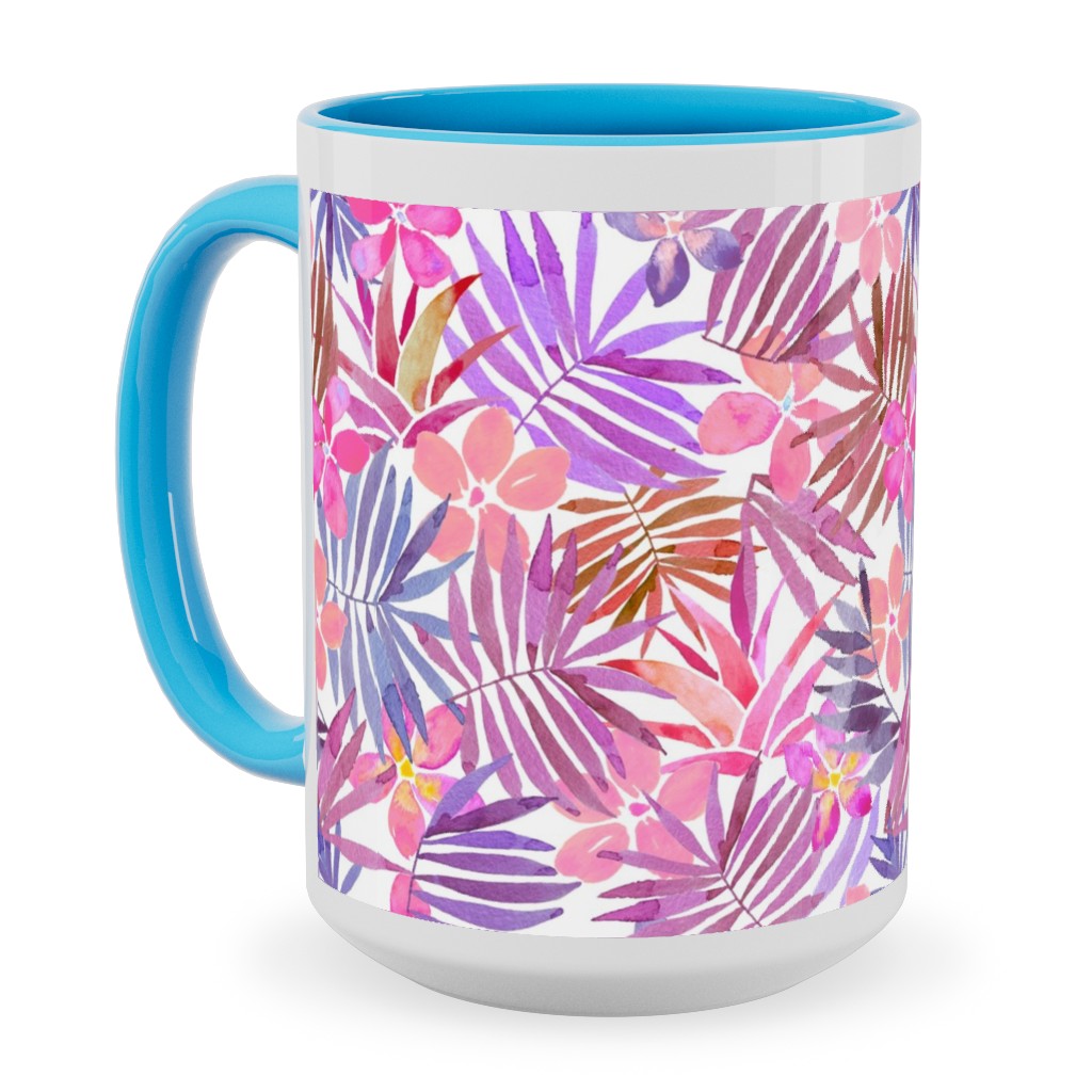 Watercolor Tropical Vibes - Pink Ceramic Mug, Light Blue,  , 15oz, Pink