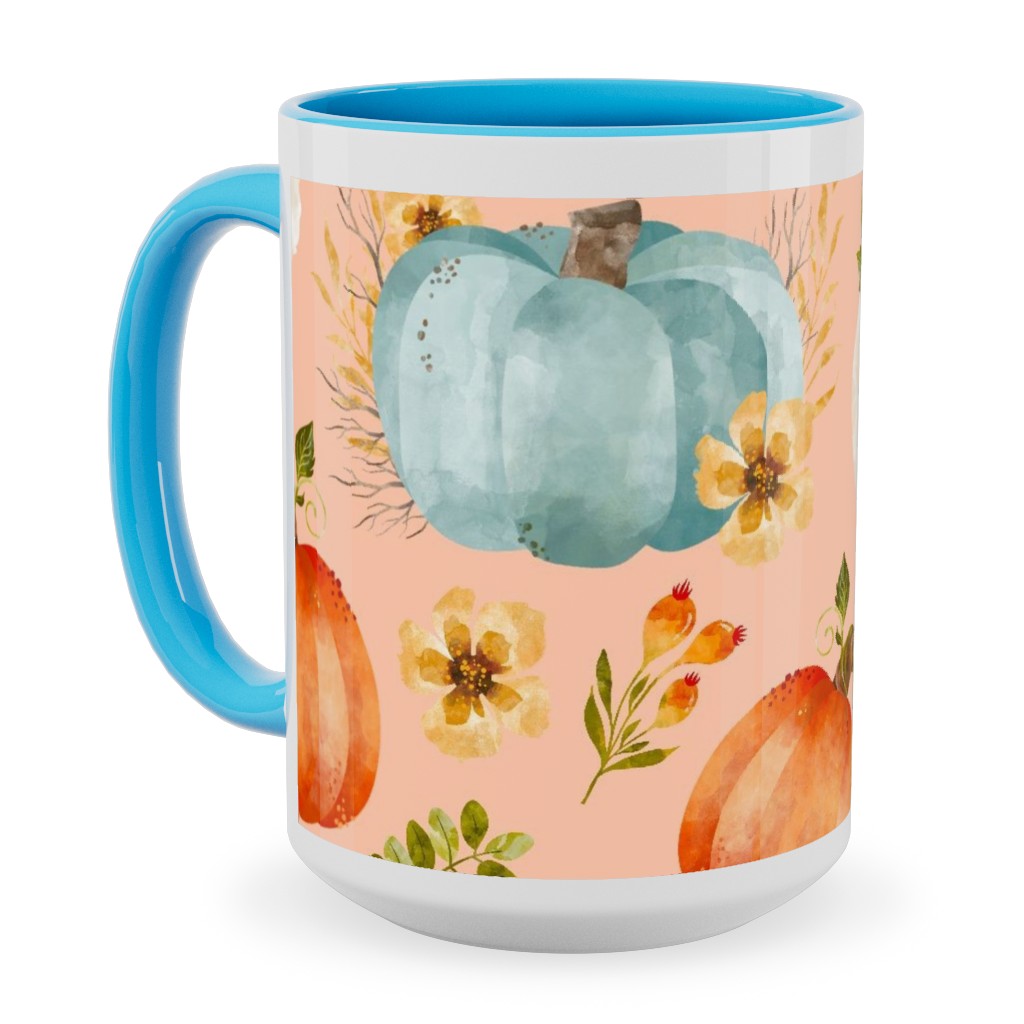 Rustic Farmhouse Pumpkins on Pale Peach Ceramic Mug, Light Blue,  , 15oz, Orange