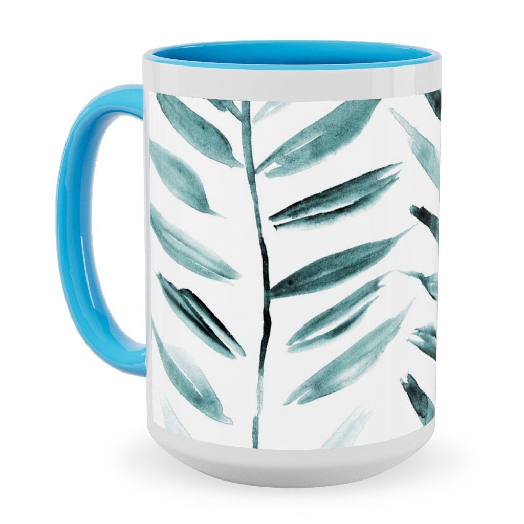 Leaves Herringbone - Watercolor Nature - Emerald Ceramic Mug, Light Blue,  , 15oz, Green