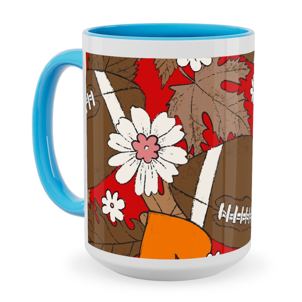 Football Fall and Florals Ceramic Mug, Light Blue,  , 15oz, Red