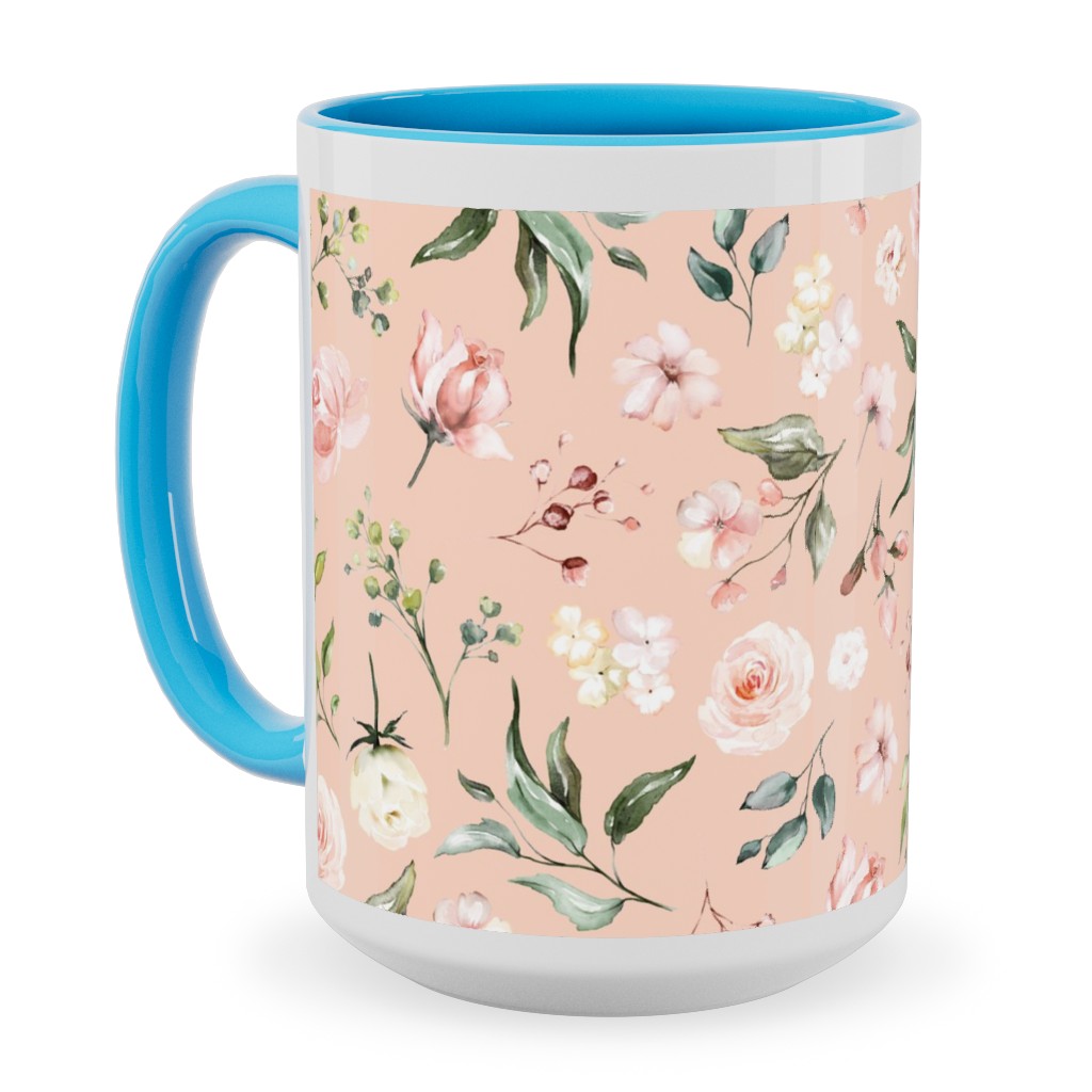 Celestial Rose Floral - Blush Ceramic Mug, Light Blue,  , 15oz, Pink