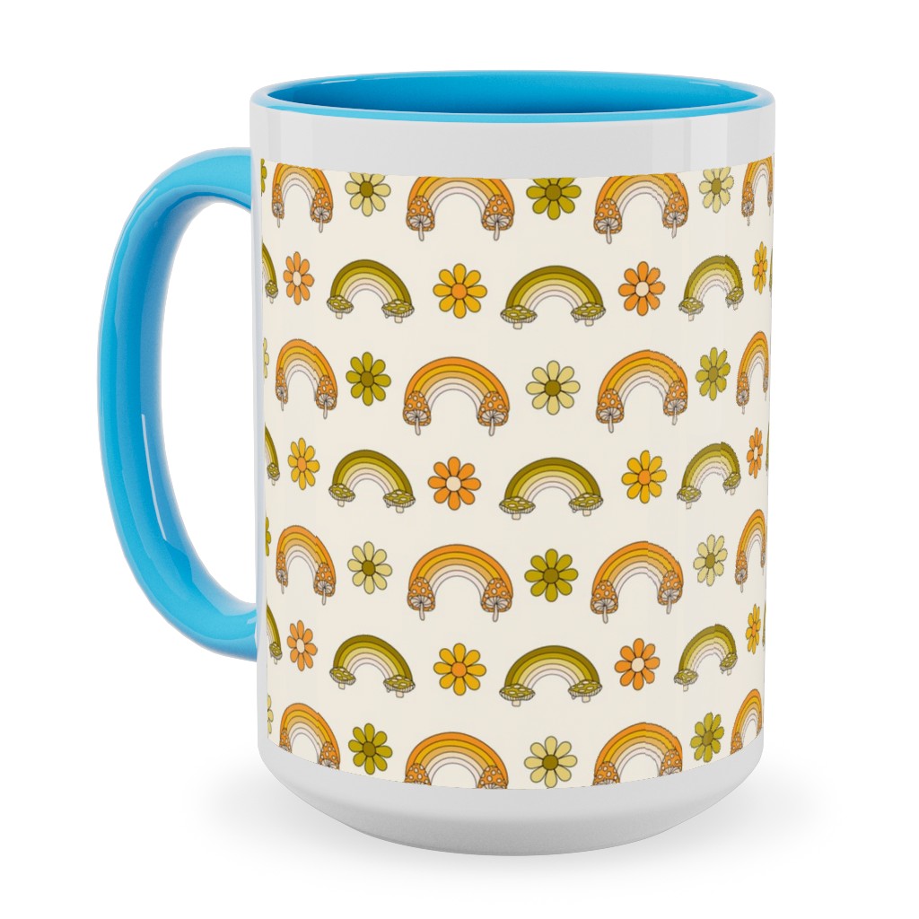 70s Mushroom Rainbow - Retro - Earthy Ceramic Mug, Light Blue, , 15oz, Green, Classic Green