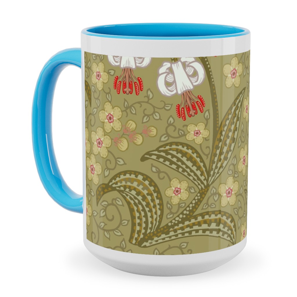 White Martagon Lilies - Olive Ceramic Mug, Light Blue, , 15oz, Green, Classic Green
