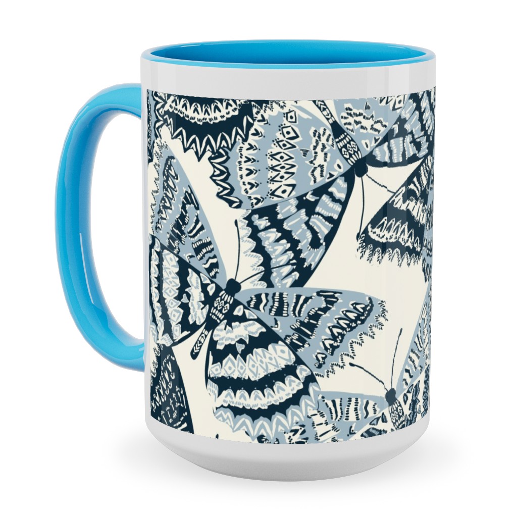Butterfly - Hand Drawn - Blue Ceramic Mug, Light Blue,  , 15oz, Blue
