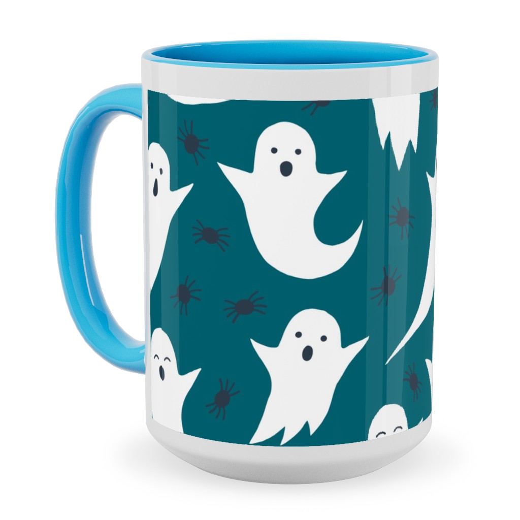 Halloween Ghosts - Dark Teal Ceramic Mug, Light Blue, , 15oz, Green, Classic Green