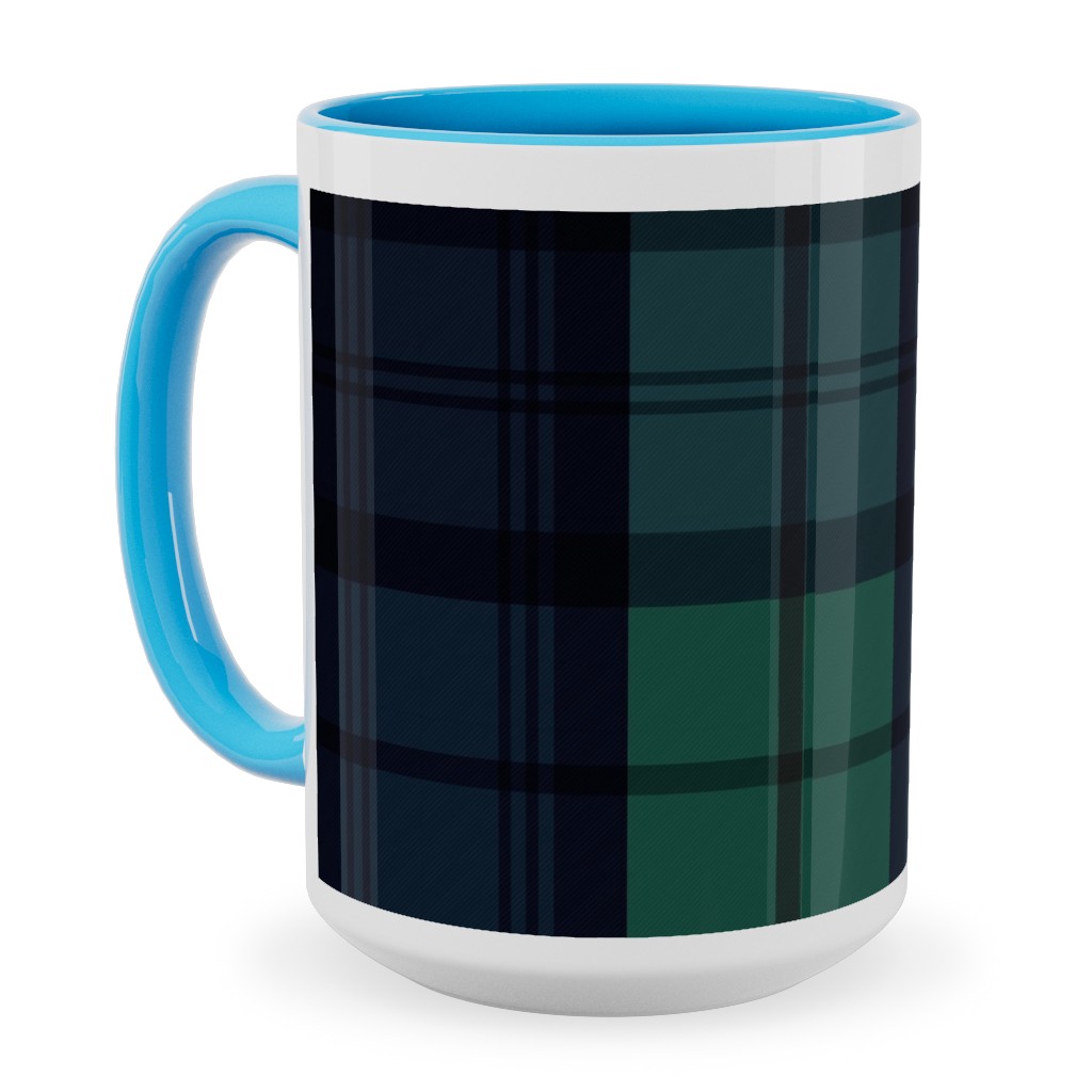 Dark Green Plaid Ceramic Mug, Light Blue, , 15oz, Green, Classic Green