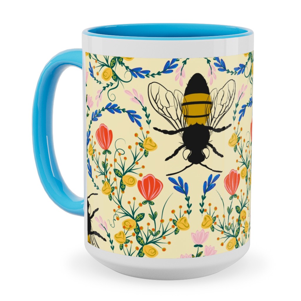 Bee Garden - Multi on Cream Ceramic Mug, Light Blue,  , 15oz, Yellow