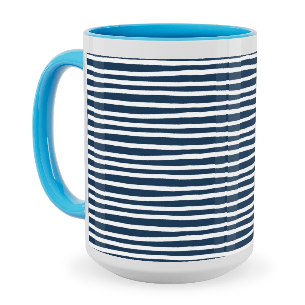 Navy Blue and White Stripes Ceramic Mug, Light Blue,  , 15oz, Blue