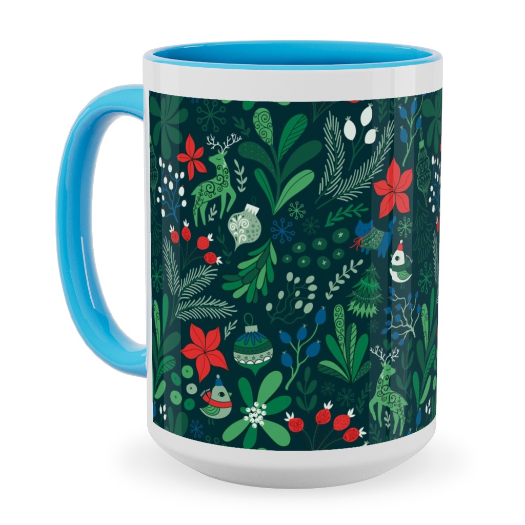 Merry Christmas Floral - Dark Ceramic Mug, Light Blue, , 15oz, Green, Classic Green