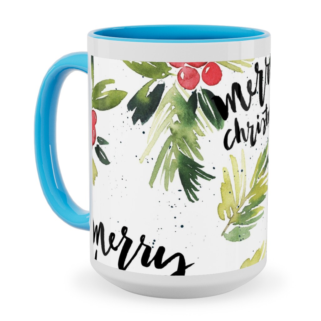 Merry Christmas Red Berry Holly Ceramic Mug, Light Blue,  , 15oz, White