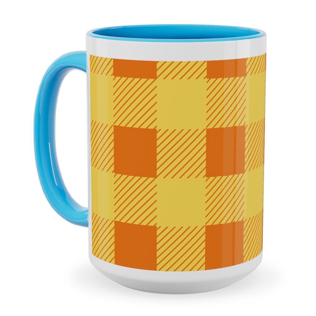 Buffalo Checked Plaid Ceramic Mug, Light Blue, , 15oz, Yellow, Marigold