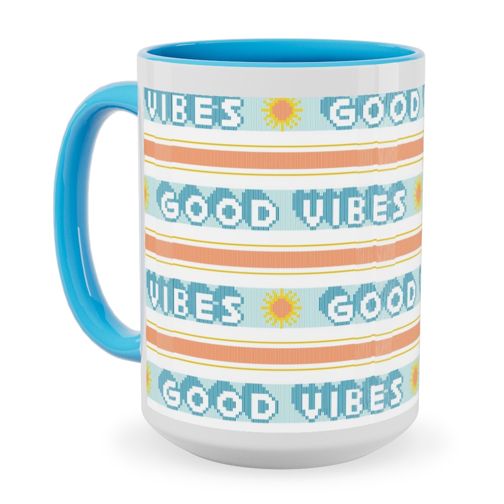 Good Vibes Vintage Typography Ceramic Mug, Light Blue, , 15oz, Orange, Orange
