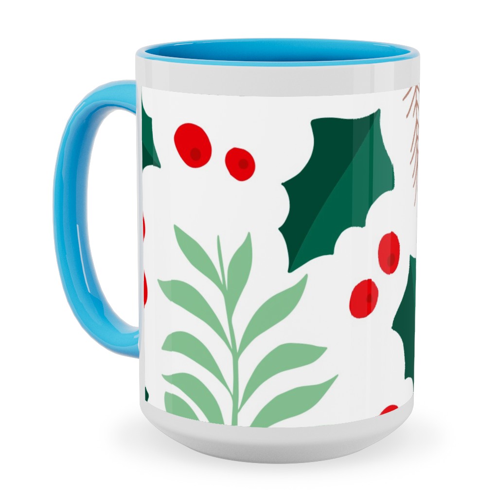 Botanical Christmas Garden Pine Leaves Holly Branch Berries - Green and Red Ceramic Mug, Light Blue, , 15oz, Green, Classic Green