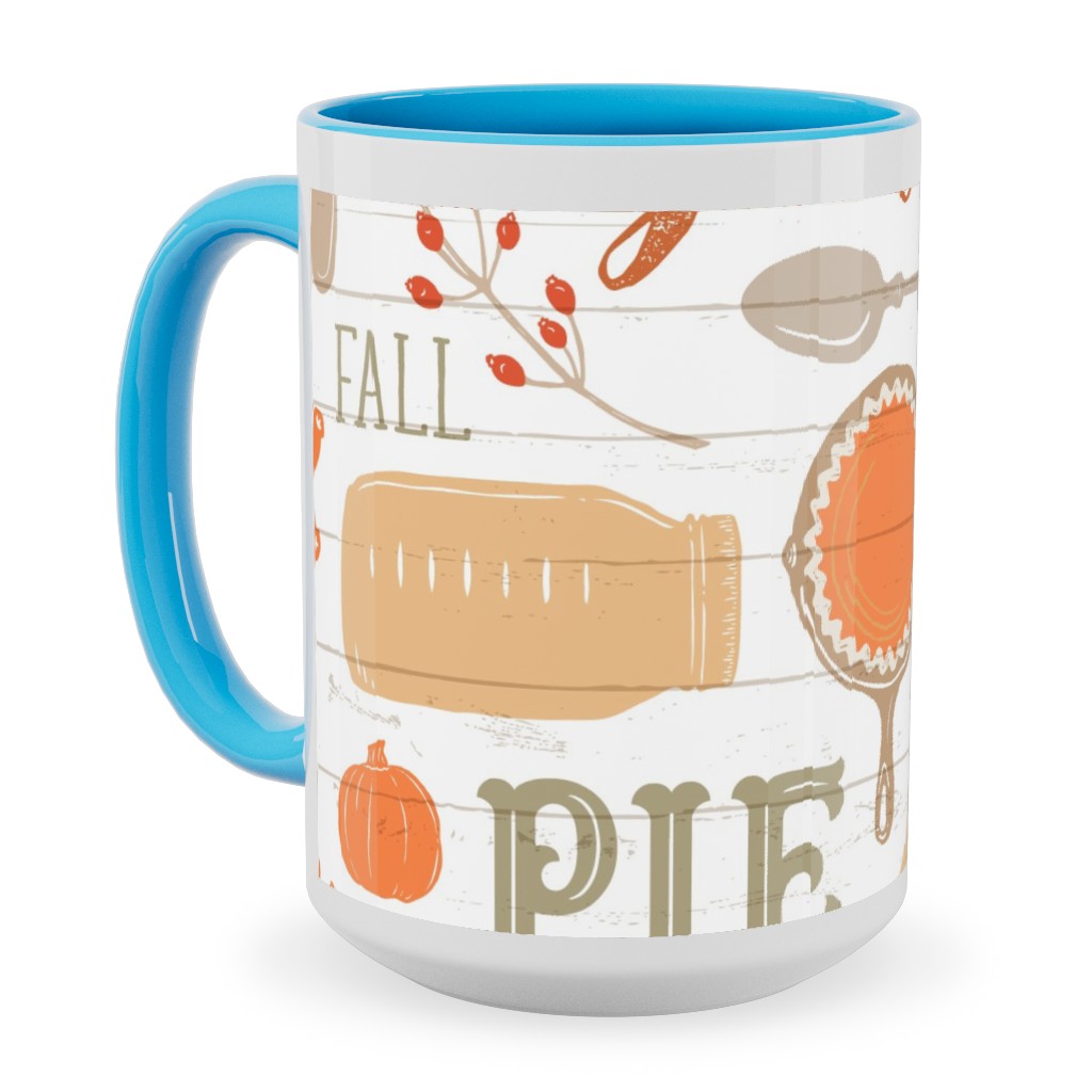 Gather Round & Give Thanks - a Fall Festival of Food, Fun, Family, Friends, and Pie! Ceramic Mug, Light Blue, , 15oz, Orange, Orange