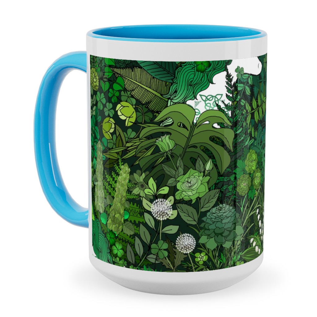 Irish Unicorn in a Green Garden Ceramic Mug, Light Blue,  , 15oz, Green