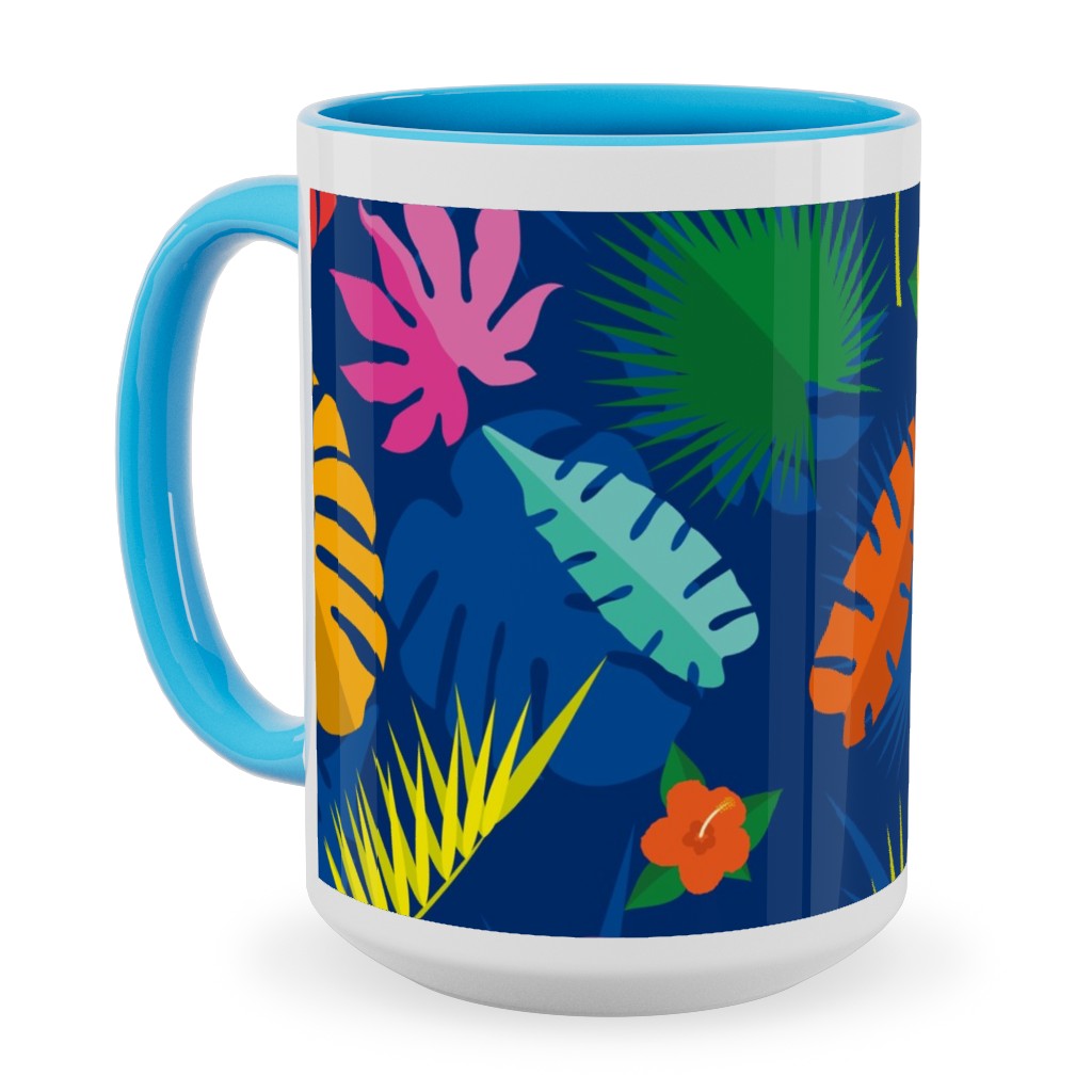 Tropical Leaves - Multi on Blue Ceramic Mug, Light Blue,  , 15oz, Multicolor