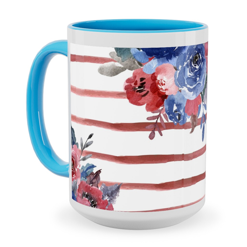 Freedom Florals With Red Stripes - Multi Ceramic Mug, Light Blue, , 15oz, Red, Red