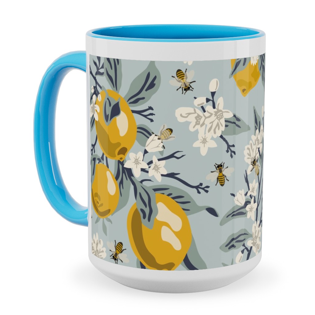 Bees, Blossoms & Lemons - Blue Ceramic Mug, Light Blue, , 15oz, Blue, True Blue
