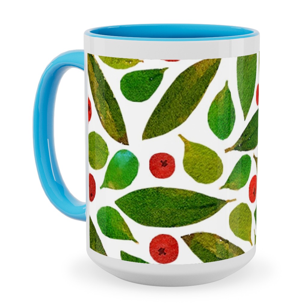 Holiday Greens and Berries Ceramic Mug, Light Blue, , 15oz, Green, Classic Green