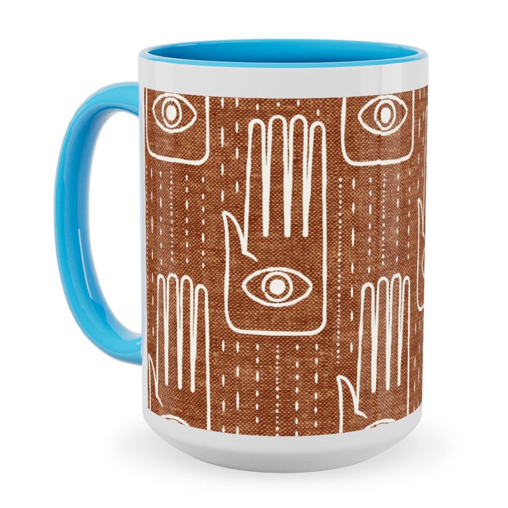 Adorned Palm Hands on Woven Ginger Ceramic Mug, Light Blue, , 15oz, Orange, Orange