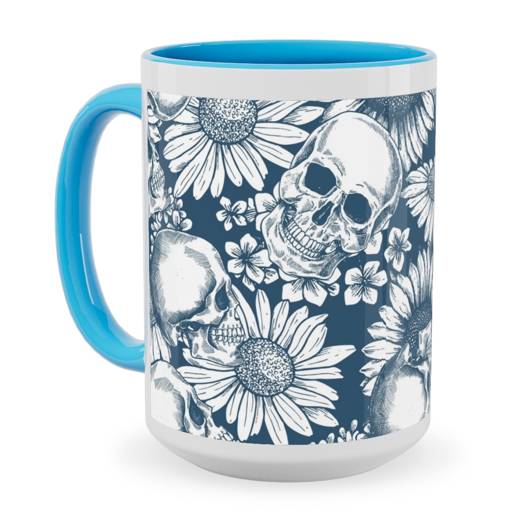 Floral Skull - Blue Ceramic Mug, Light Blue,  , 15oz, Blue