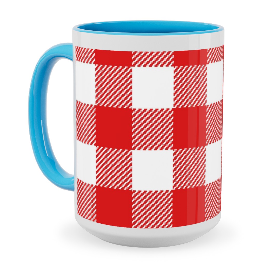 Buffalo Plaid Ceramic Mug, Light Blue,  , 15oz, Red