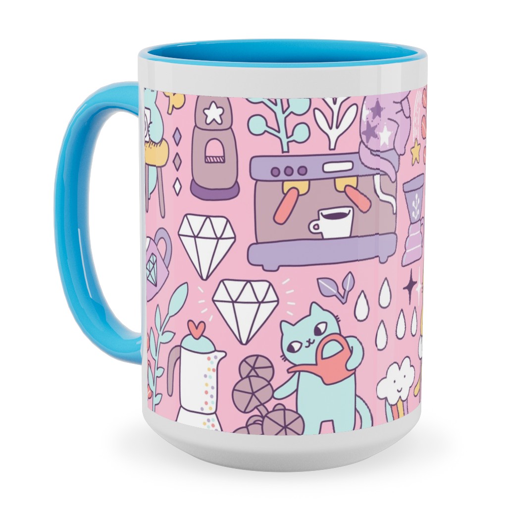 Cute Cats - Multicolor Pastel Ceramic Mug, Light Blue, , 15oz, Pink, Bright Pink