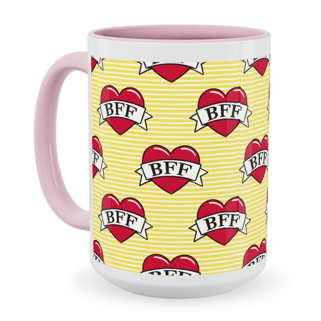 Bff Heart Tattoo Ceramic Mug, Pink, , 15oz, Yellow, Cream
