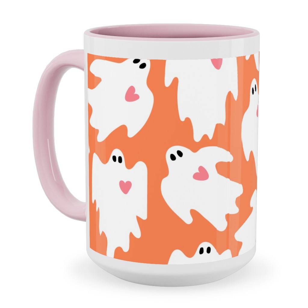 Halloween Ghosts With Hearts - Orange Ceramic Mug, Pink, , 15oz, Orange, Orange
