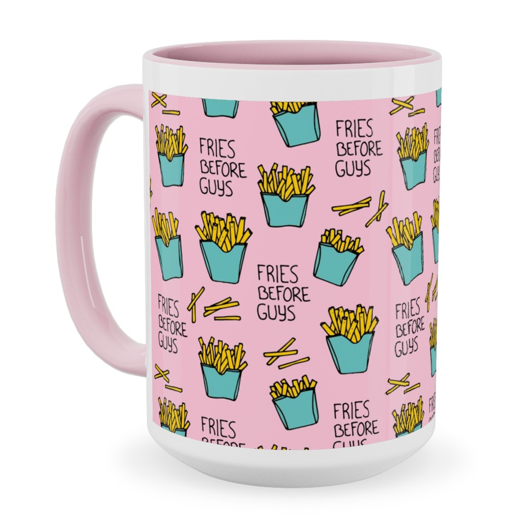 Fries Before Guys - Pop Art Food - Yellow Mint Pink Ceramic Mug, Pink,  , 15oz, Pink