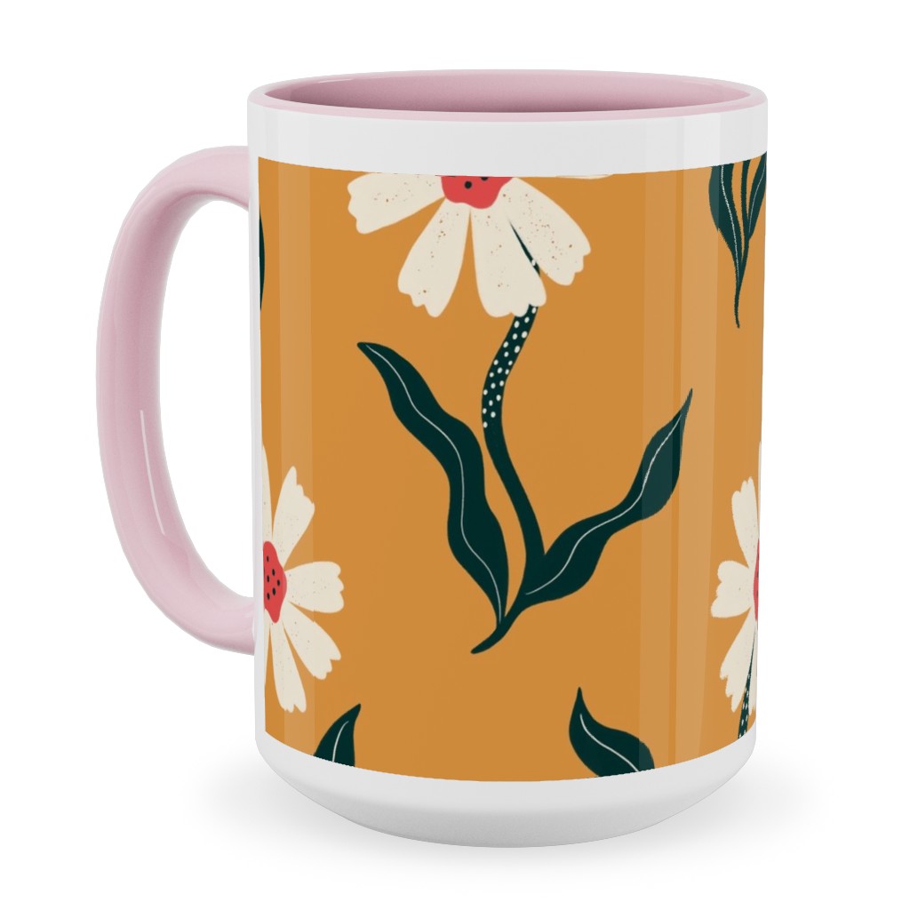 Flower Power - Orange Ceramic Mug, Pink,  , 15oz, Yellow