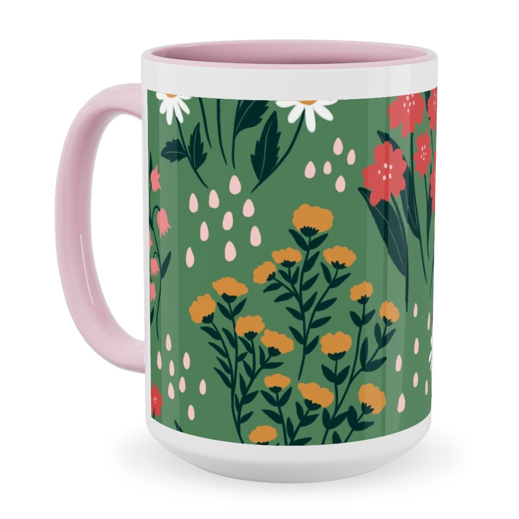 Flowerbed Ceramic Mug, Pink, , 15oz, Green, Classic Green