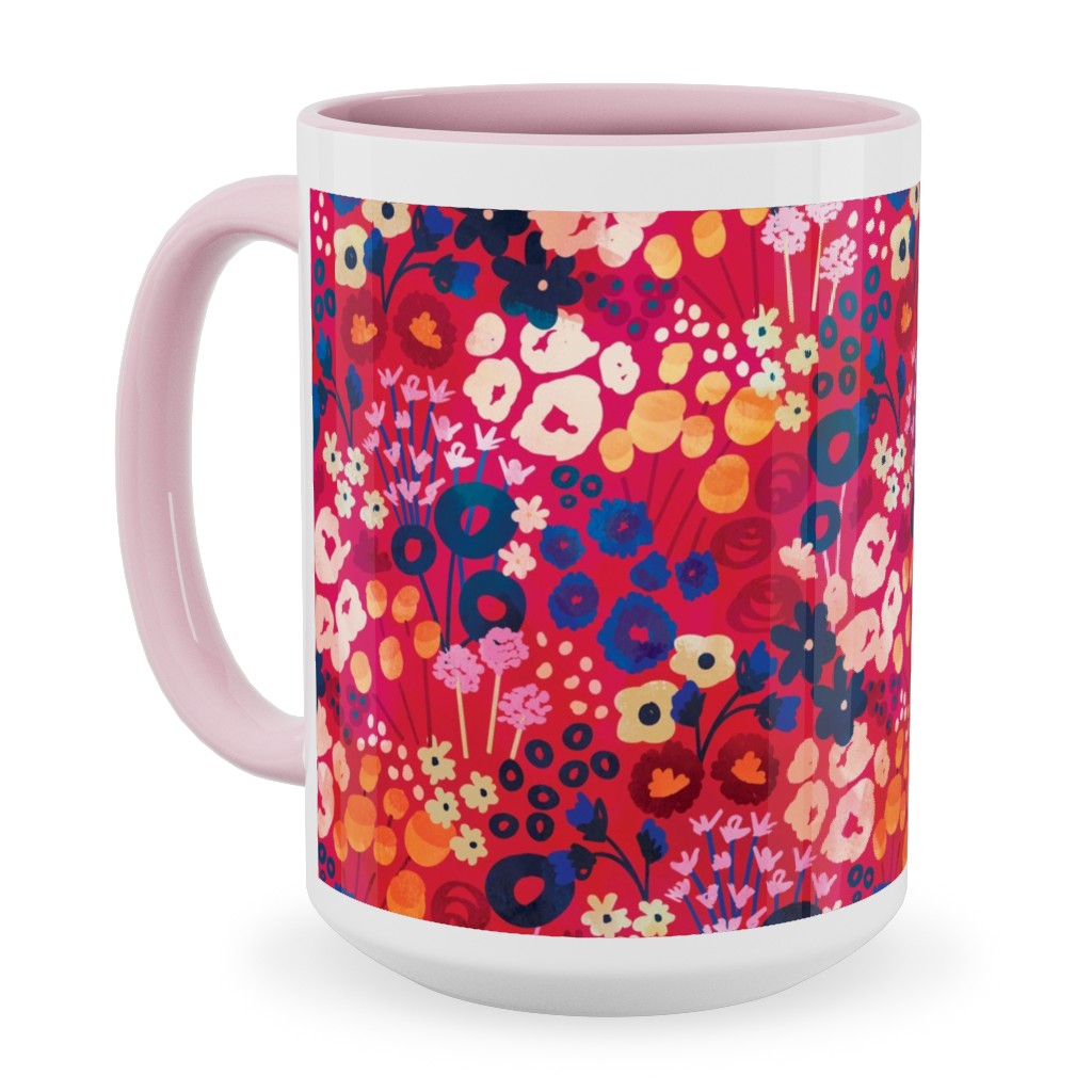Modern Retro Floral - Multi Ceramic Mug, Pink,  , 15oz, Multicolor