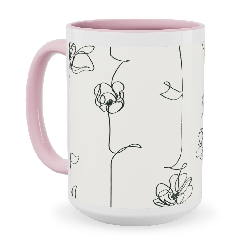 One Line Floral - Light Ceramic Mug, Pink, , 15oz, White, White