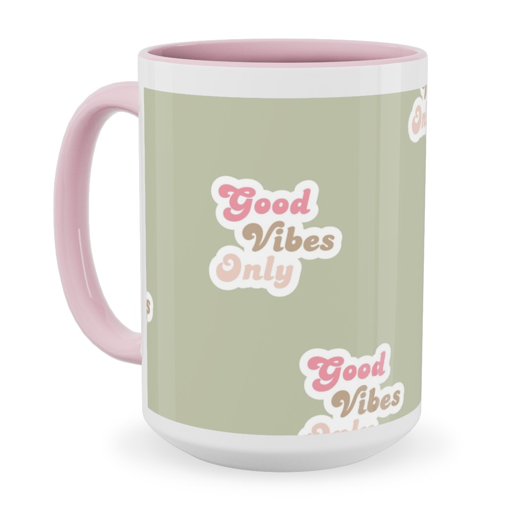 Seventies Retro Good Vibes Only Ceramic Mug, Pink,  , 15oz, Green