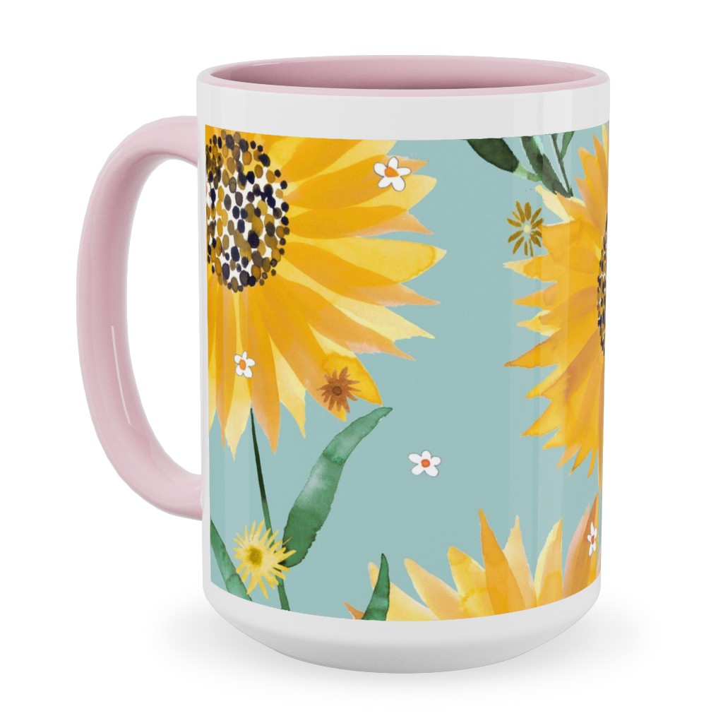 Watercolor Sunflowers - Yellow on Blue Ceramic Mug, Pink,  , 15oz, Yellow