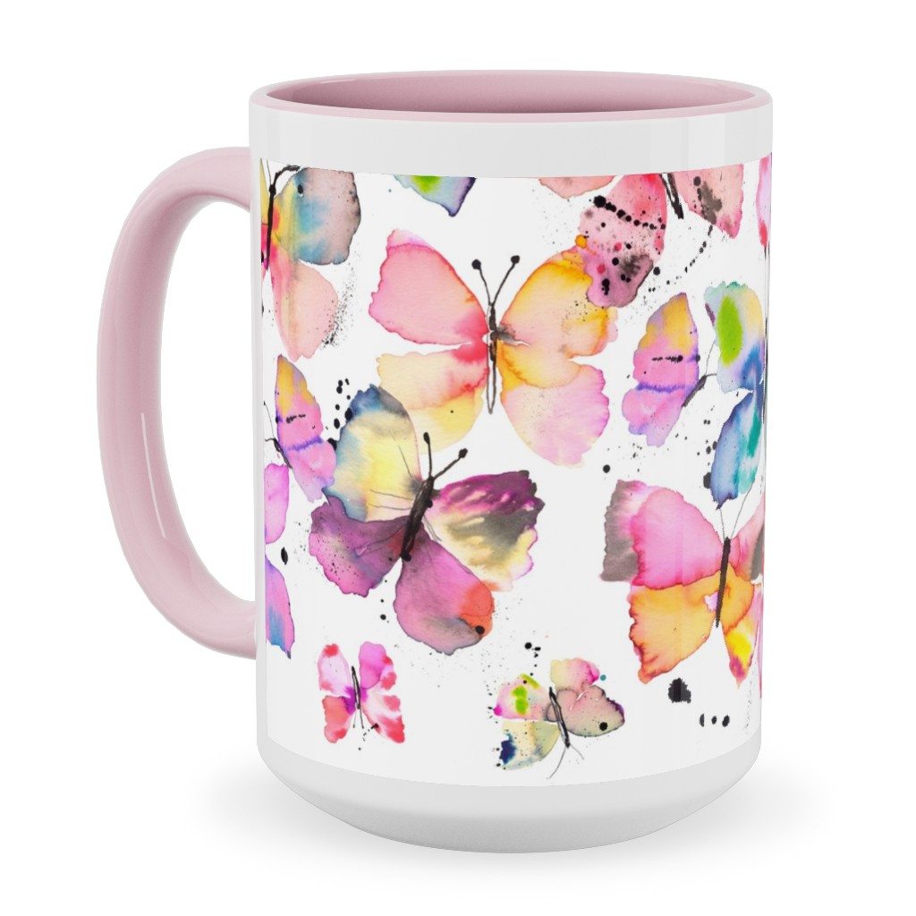 Watercolor Butterflies - Multicolor Ceramic Mug, Pink, , 15oz, Multicolor