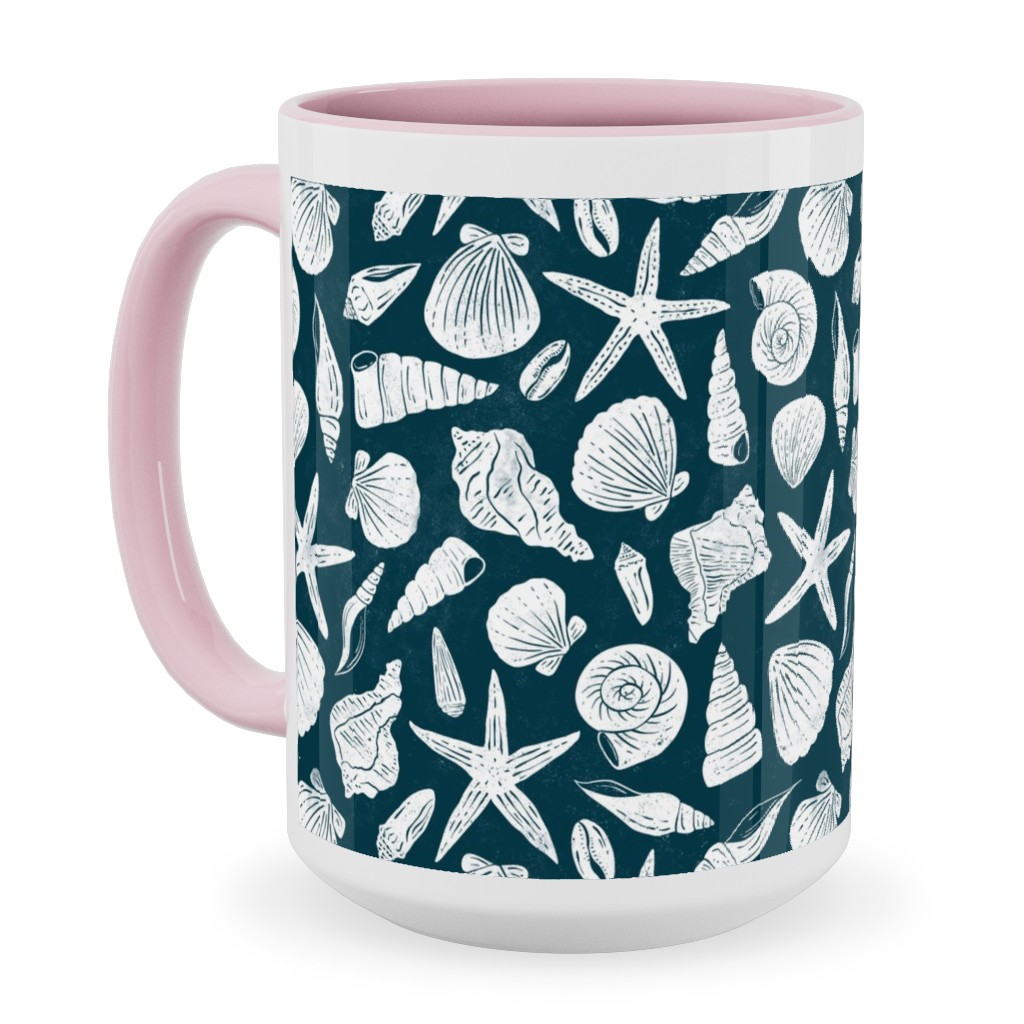 Textured Ocean Seashells - Dark Blue and Cream Ceramic Mug, Pink, , 15oz, Blue, True Blue