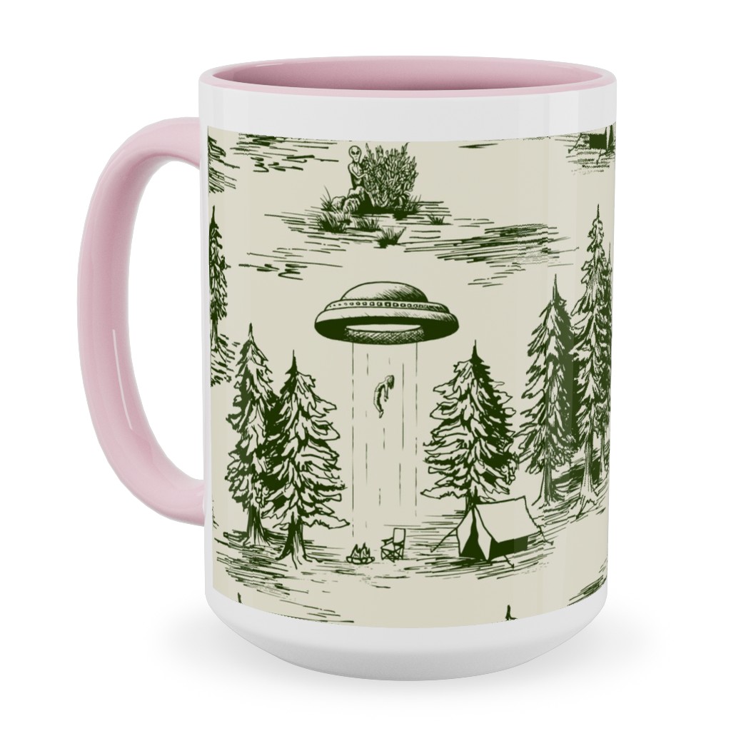 Alien Abduction Toile De Jouy - Forest Green & Cream Ceramic Mug, Pink,  , 15oz, Green
