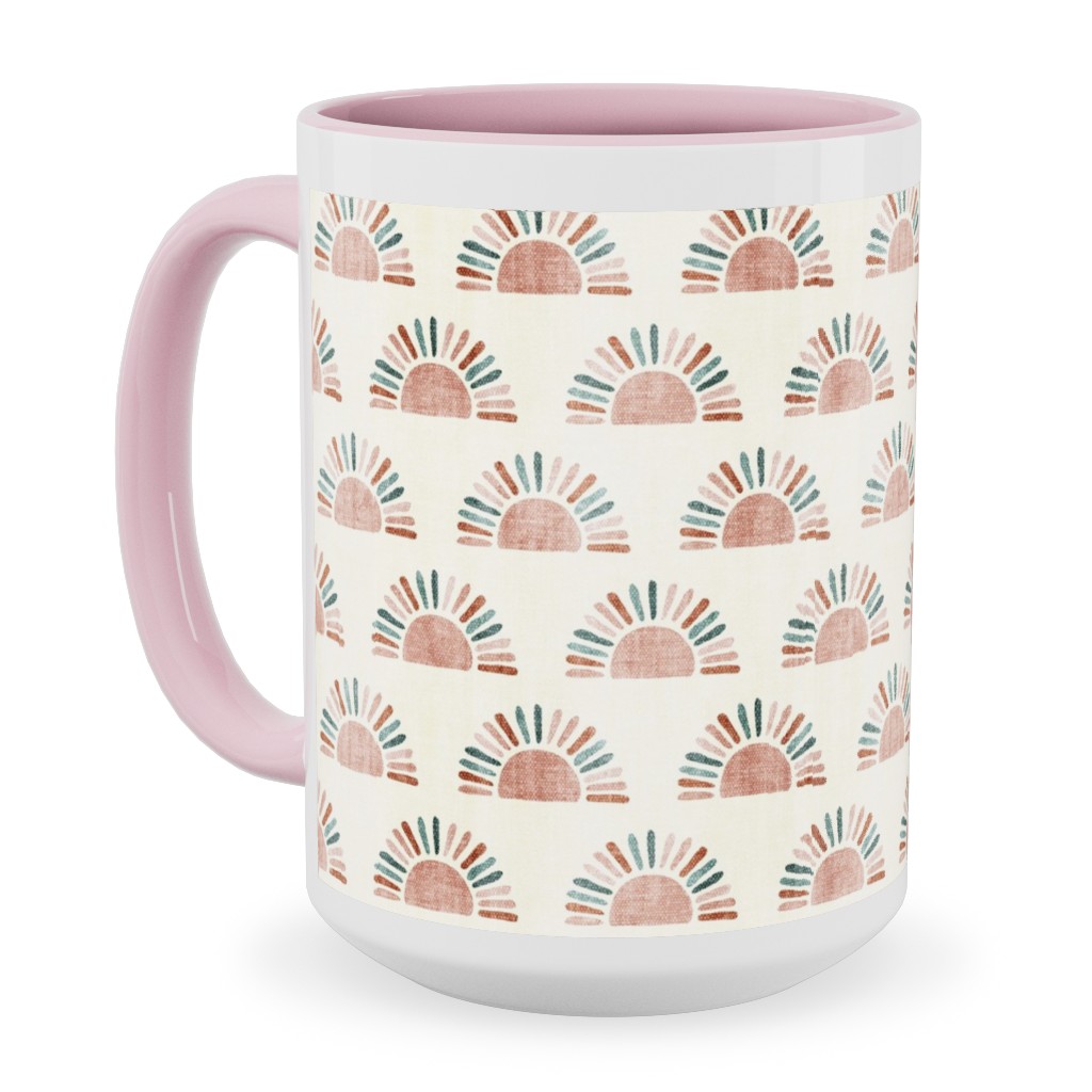 Sunshine - Block Print Boho Sun Print - Dusty Pink/Blue/Teracotta Ceramic Mug, Pink,  , 15oz, Pink