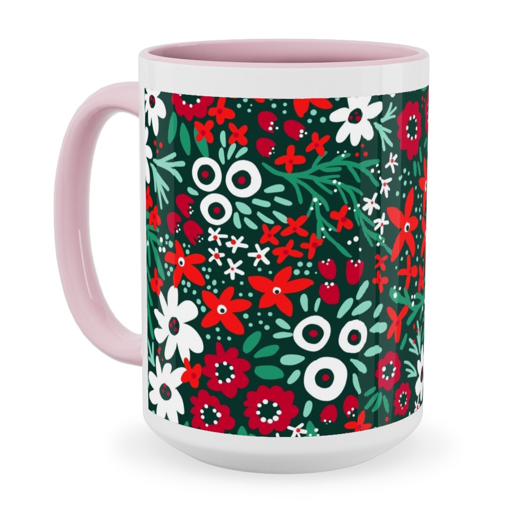 Rustic Floral - Holiday Red and Green Ceramic Mug, Pink, , 15oz, Green, Classic Green