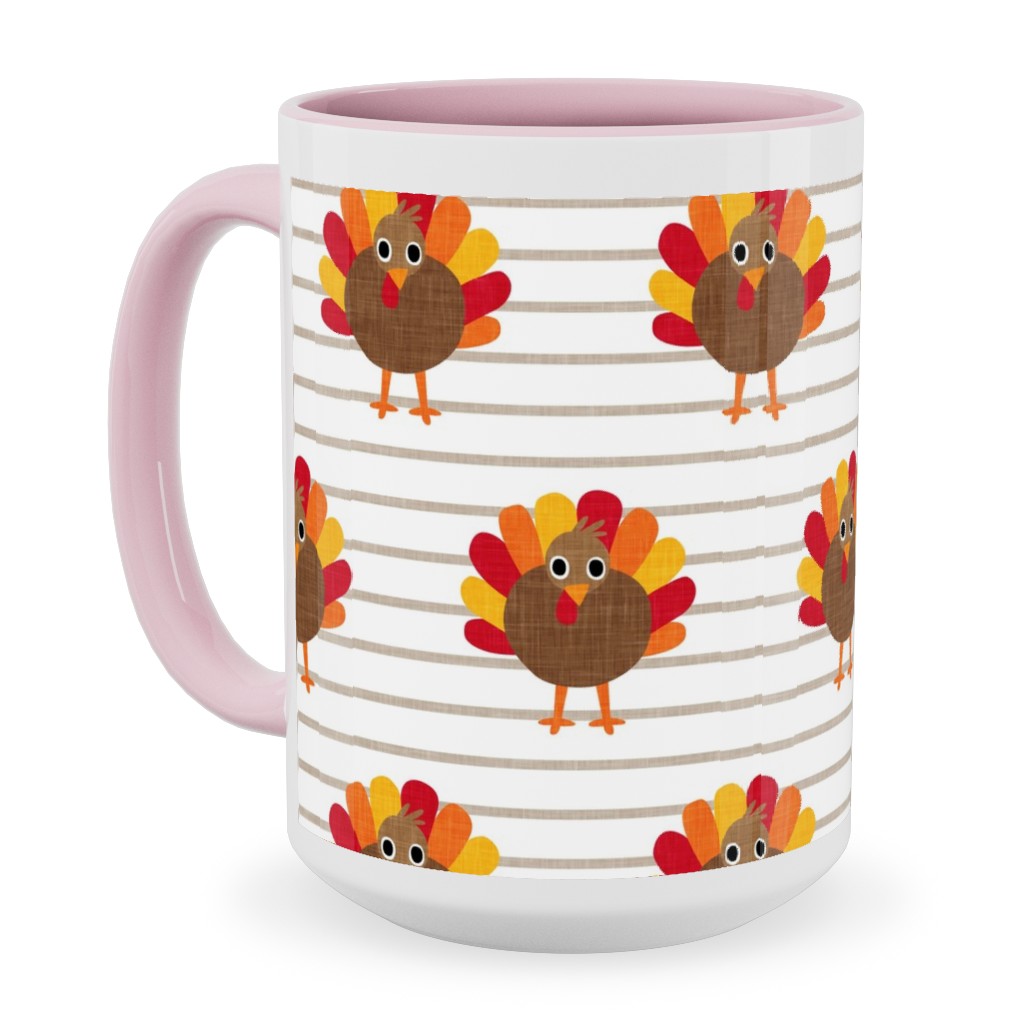 Cute Thanksgiving Turkey - on Khaki Stripes Ceramic Mug, Pink, , 15oz, Orange, Orange