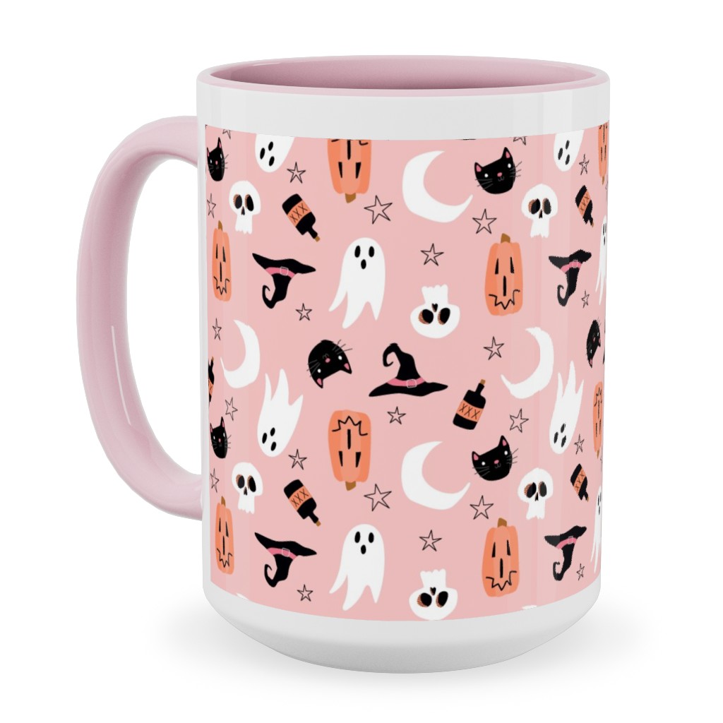 Sweet Halloween - Pumpkin, Witch, Ghost, & Cat - Pink Ceramic Mug, Pink, , 15oz, Pink, Bright Pink