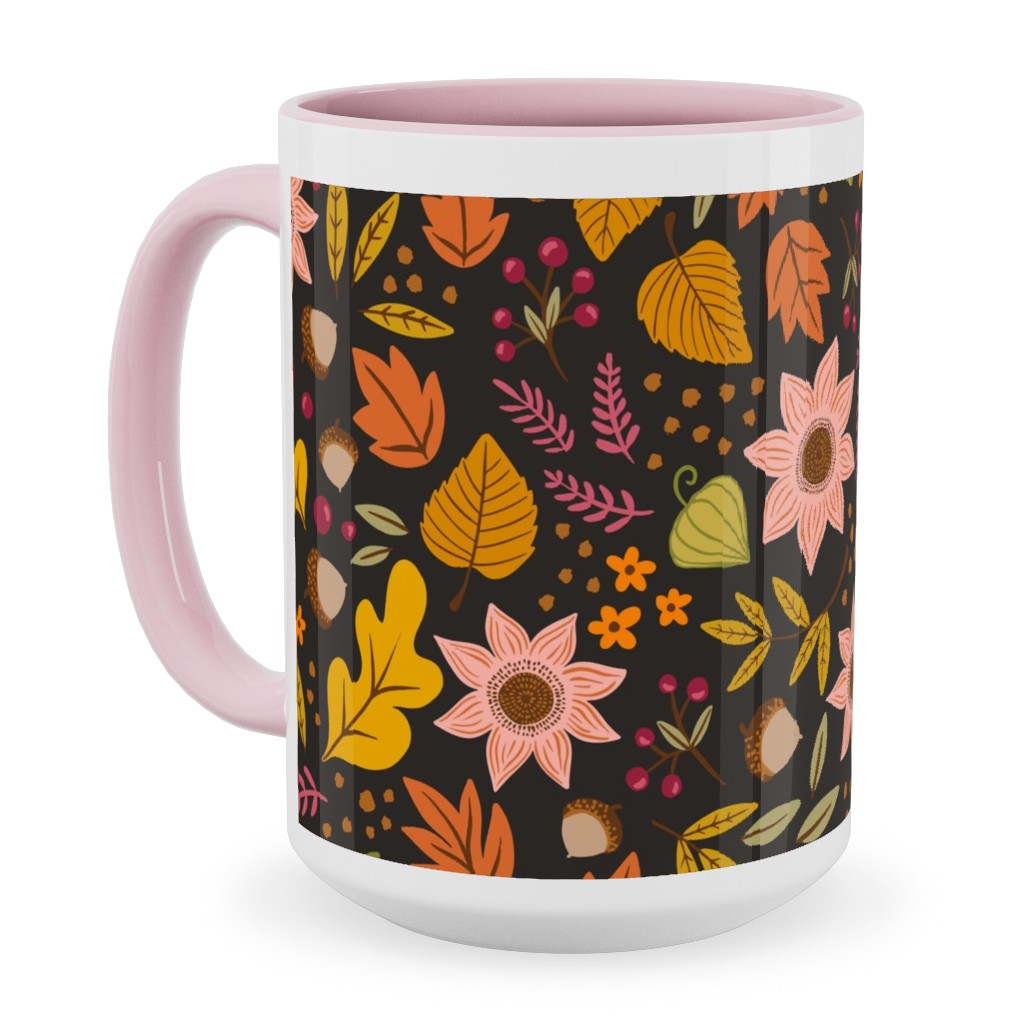 Autumn Floral - Dark Ceramic Mug, Pink,  , 15oz, Multicolor