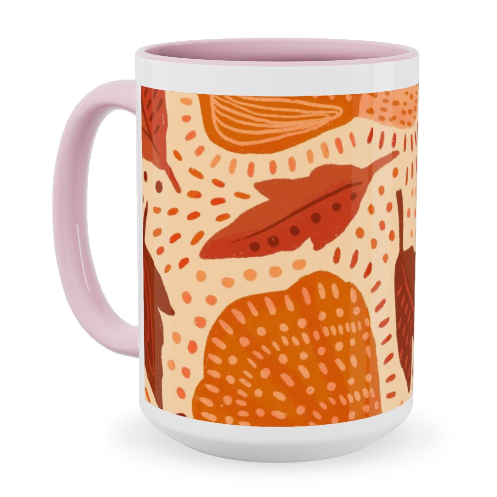 Autumn Mushrooms and Fallen Leaves Ceramic Mug, Pink, , 15oz, Orange, Orange