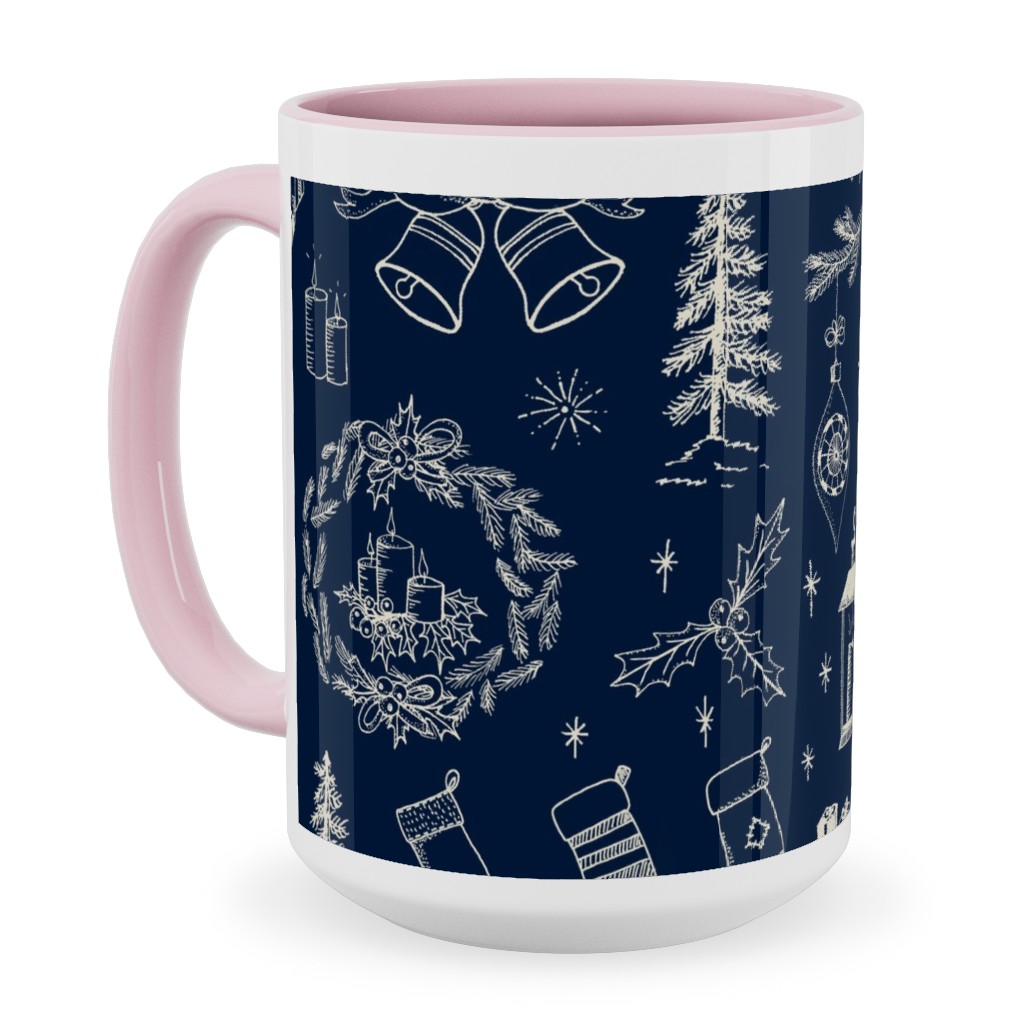 Christmas Toile - Starry Night Ceramic Mug, Pink,  , 15oz, Blue